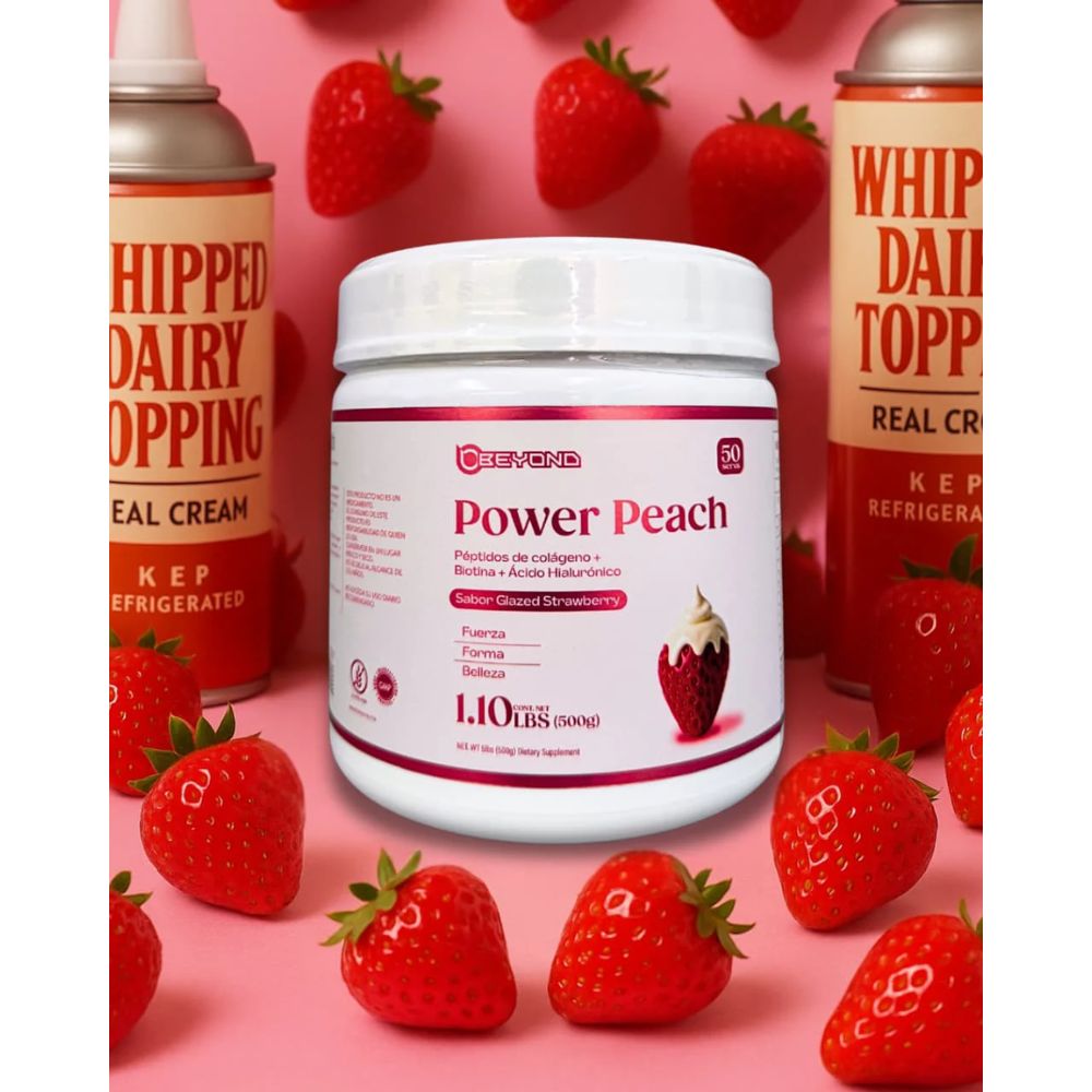 PÉPTIDOS DE COLÁGENO (PEPTONAS)+ BIOTINA + ÁCIDO HIALURÓNICO POWER PEACH BEYOND 50 SERVICIOS 1.10LB BOTE